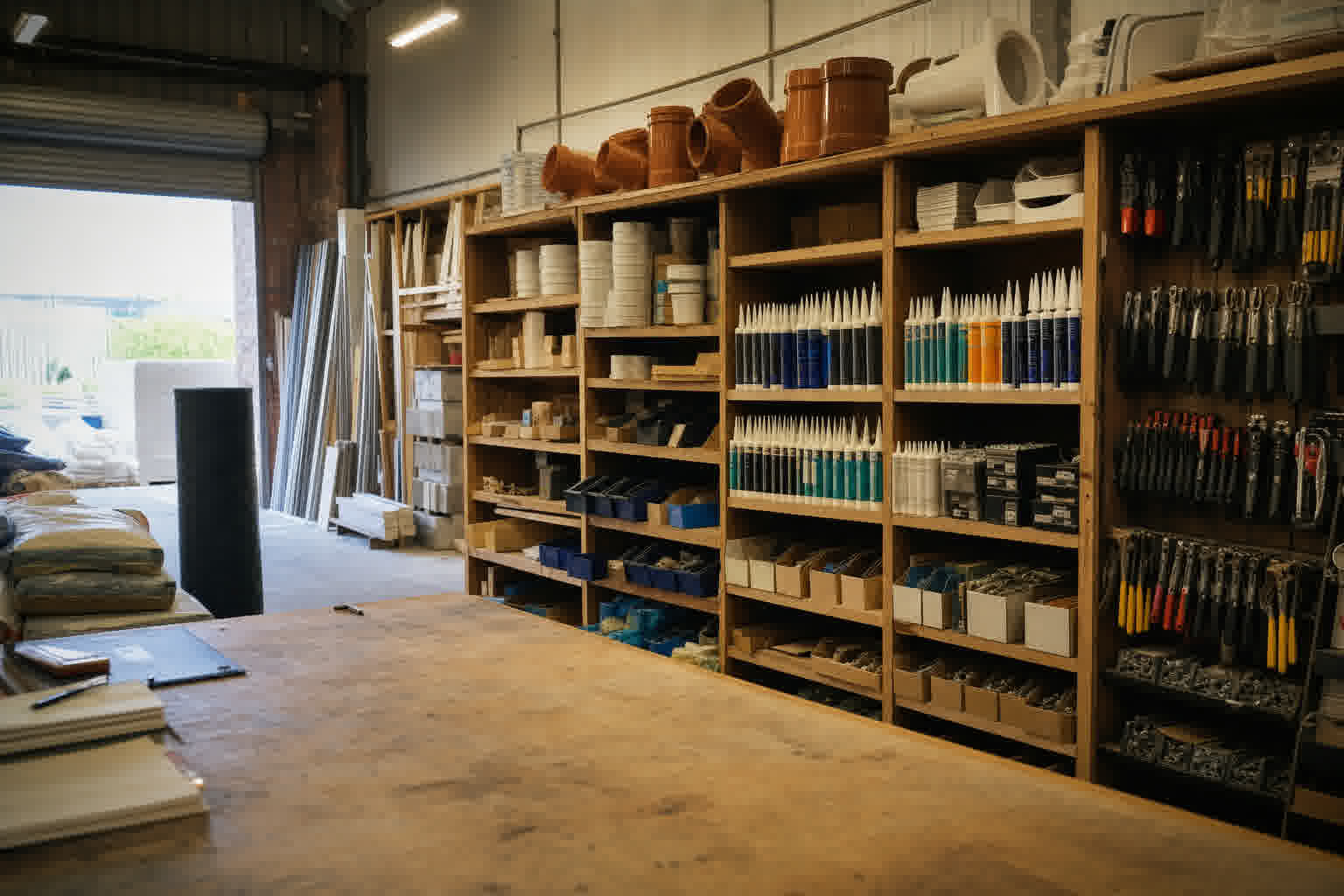 Interior of the CBP trade counter with shelves of sealants, fittings, fixings and hand tools.