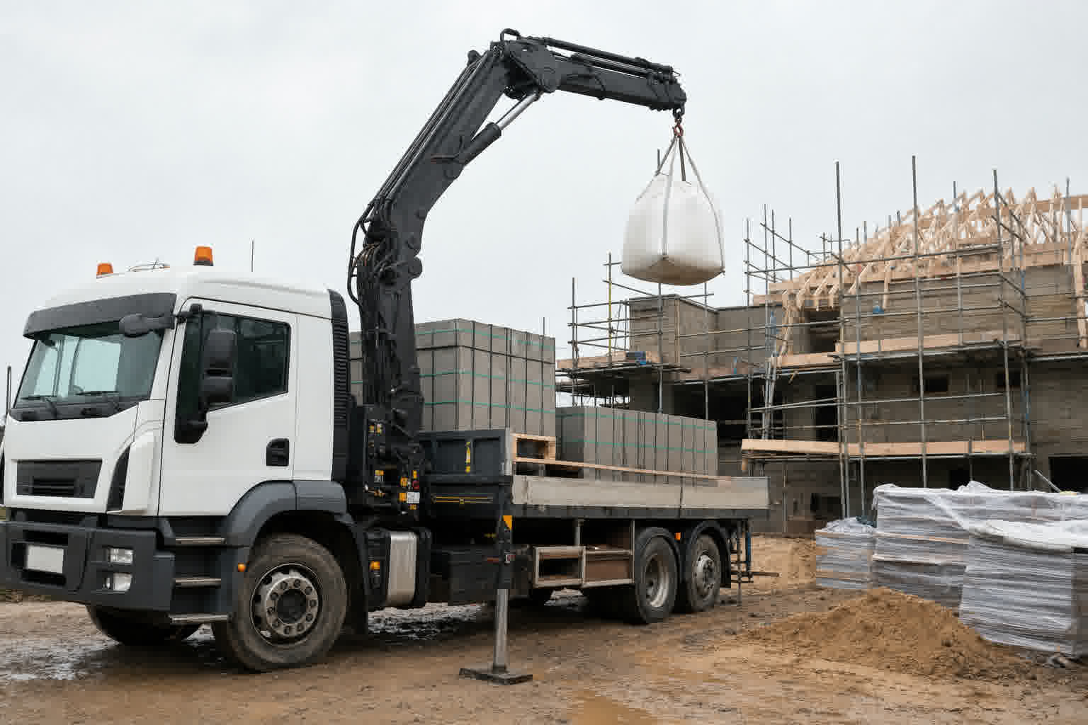 A flatbed lorry with a hydraulic crane arm lifting a bulk bag onto a housing site.