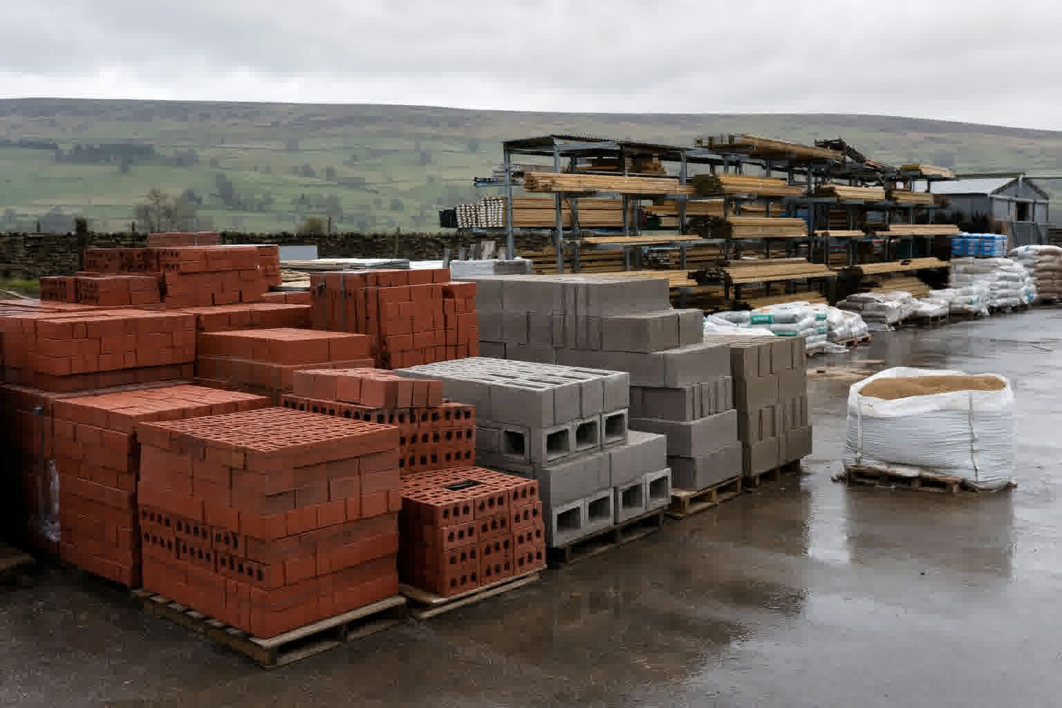 Stacks of facing bricks and concrete blocks on pallets in a builders merchant yard, with timber racks and Pennine hills behind.